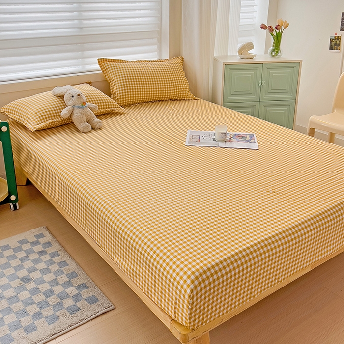 91家纺网 家纺一手货源 找家纺 楠沐家纺 2025新款亲肤印花芦荟棉水洗棉床笠系列 心动黄