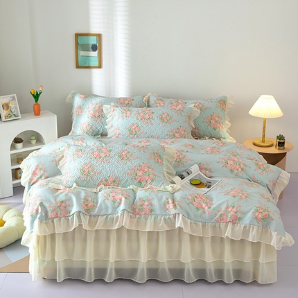 木兰花 2024新款全棉印花夹棉床裙款三件套韩版花边被套四件套 浪漫满屋