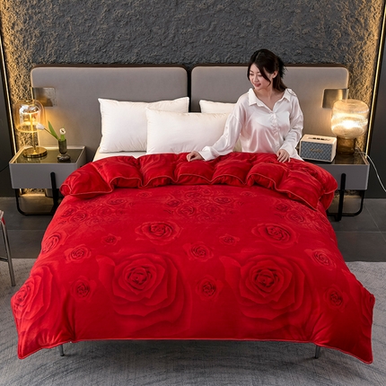 2025直播爆款印花牛奶绒印花单被套220克法莱绒被套单件枕套喜结良缘