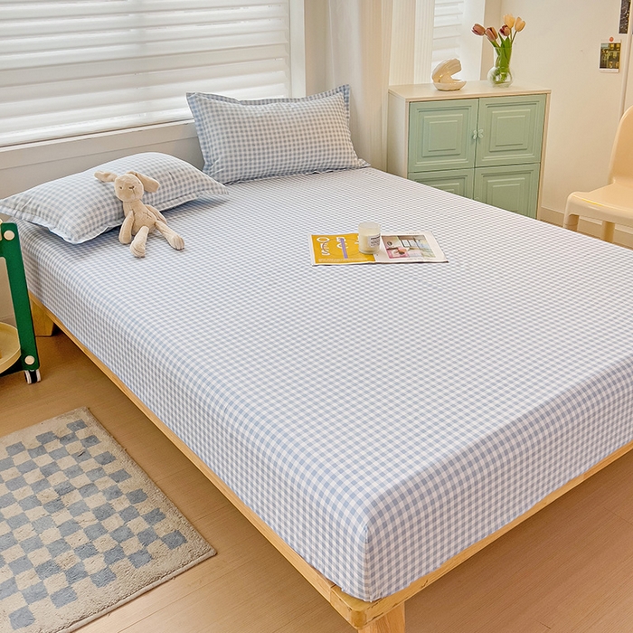 91家纺网 家纺一手货源 找家纺 楠沐家纺 2025新款亲肤印花芦荟棉水洗棉床笠系列 心动蓝