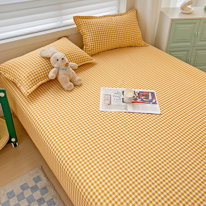 91家纺网 家纺一手货源 找家纺 楠沐家纺 2025新款亲肤印花芦荟棉水洗棉床笠系列 心动黄