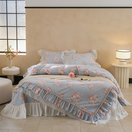 菊上家纺 2024新款法式全棉床盖款四件套-梦幻花园系列 梦幻花园-蓝