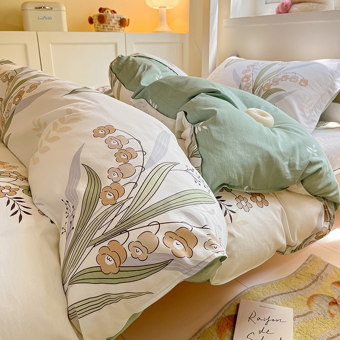 91家纺网 家纺一手货源 找家纺 菲梵家纺 2024新款全棉喷气小清新宿舍上下铺学生三件套 铃兰花语