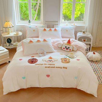 91家纺网 家纺一手货源 找家纺 （总）红番天家居馆 2025新款A类全棉水洗棉毛巾绣四件套-宠物饼干