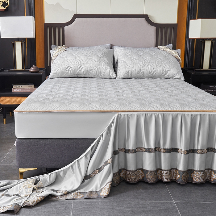 91家纺网 家纺一手货源 找家纺 罗艺轩 2024新款贡缎夹棉中国风新中式系列床裙款四件套 中国风-迷雾灰