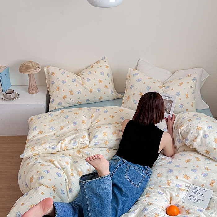 91家纺网 家纺一手货源 找家纺 2024新品专版印花双层皱皱纱四件套 萌宠