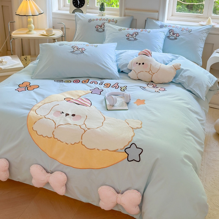 91家纺网 家纺一手货源 找家纺 （总）红番天家居馆 2025新款A类全棉水洗棉贴布绣四件套-月儿弯弯