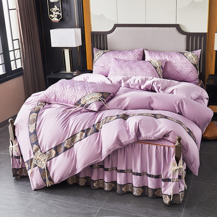 91家纺网 家纺一手货源 找家纺 罗艺轩 2024新款贡缎夹棉中国风新中式系列床裙款四件套 中国风-茉莉紫