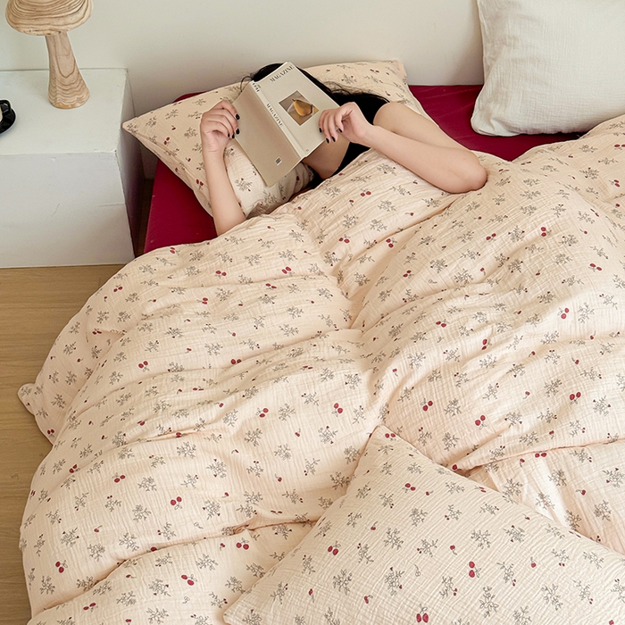 91家纺网 家纺一手货源 找家纺 2024新品专版印花双层皱皱纱四件套 浪漫樱桃