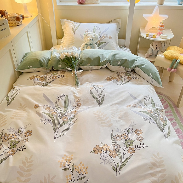 91家纺网 家纺一手货源 找家纺 菲梵家纺 2024新款全棉喷气小清新宿舍上下铺学生三件套 铃兰花语