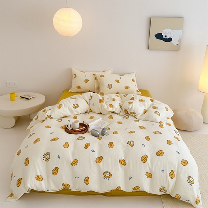 珺柔家纺 2024新款全棉皱皱双层纱四件套 鲷鱼小猫