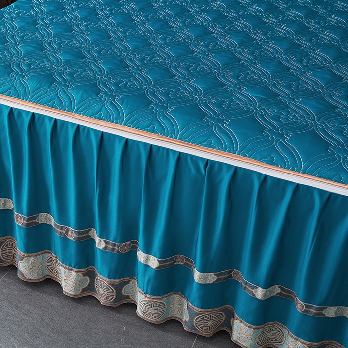 91家纺网 家纺一手货源 找家纺 罗艺轩 2024新款贡缎夹棉中国风新中式系列床裙三件套 中国风-宝石蓝