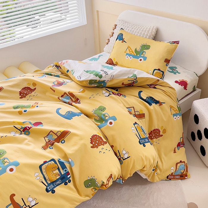 91家纺网 家纺一手货源 找家纺 吉咪兔2024年新品A类60支幼儿园被子三件套宝宝被套纯棉儿童六件套恐龙时代-黄