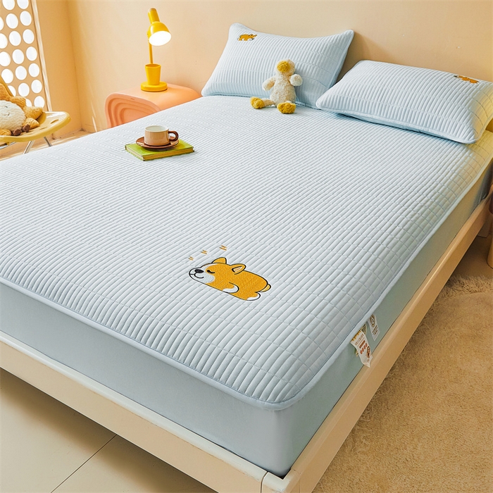 91家纺网 家纺一手货源 找家纺 2025新品高克重A类原棉夹棉床笠刺绣绣花柯基熊猫床笠三件套 床笠款-柯基-冰川蓝