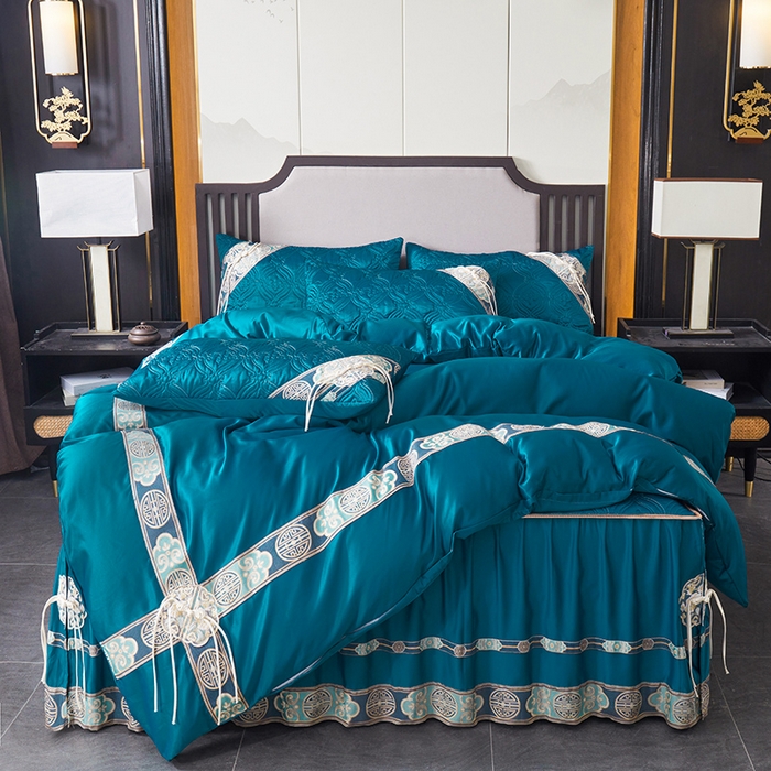 91家纺网 家纺一手货源 找家纺 罗艺轩 2024新款贡缎夹棉中国风新中式系列床裙款四件套 中国风-宝石蓝