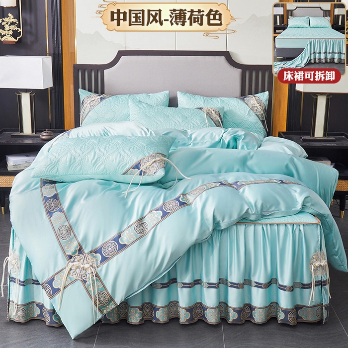 91家纺网 家纺一手货源 找家纺 罗艺轩 2024新款贡缎夹棉中国风新中式系列床裙款四件套 中国风-薄荷色