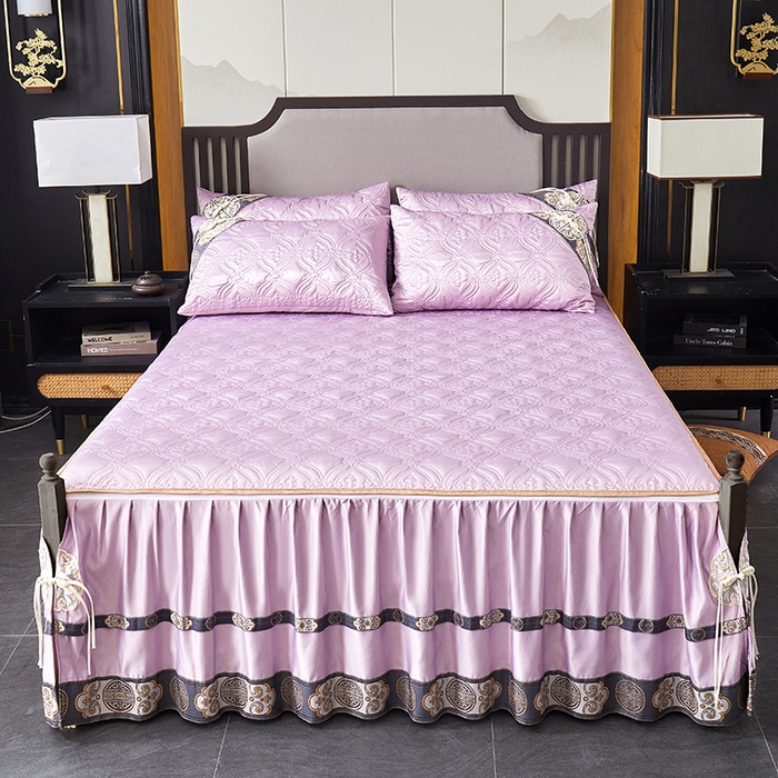 91家纺网 家纺一手货源 找家纺 罗艺轩 2024新款贡缎夹棉中国风新中式系列床裙款四件套 中国风-茉莉紫