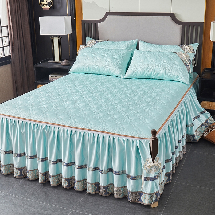 91家纺网 家纺一手货源 找家纺 罗艺轩 2024新款贡缎夹棉中国风新中式系列床裙三件套 中国风-薄荷色