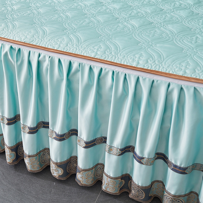 91家纺网 家纺一手货源 找家纺 罗艺轩 2024新款贡缎夹棉中国风新中式系列床裙三件套 中国风-薄荷色