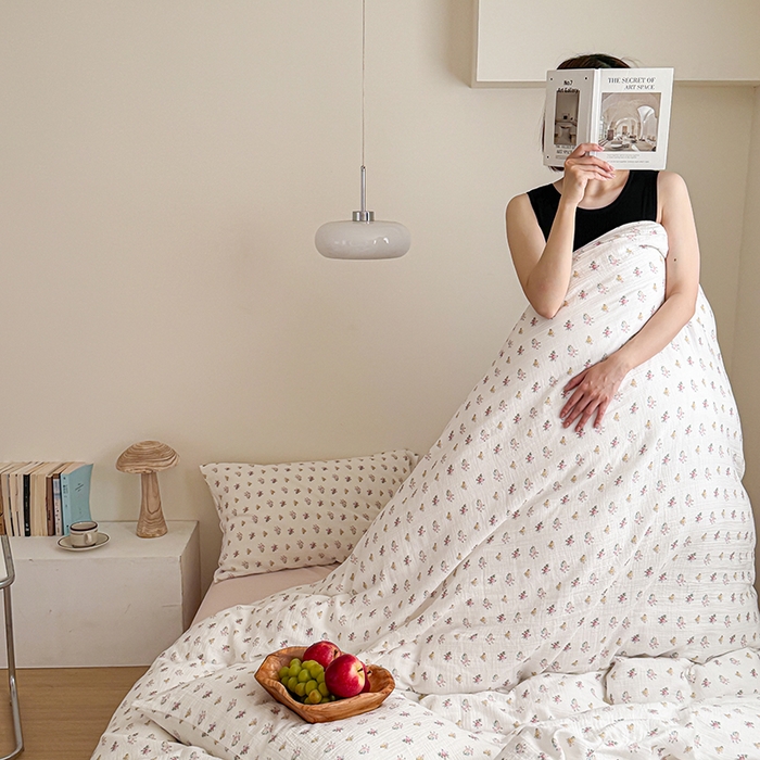 91家纺网 家纺一手货源 找家纺 2024新品专版印花双层皱皱纱四件套 半夏