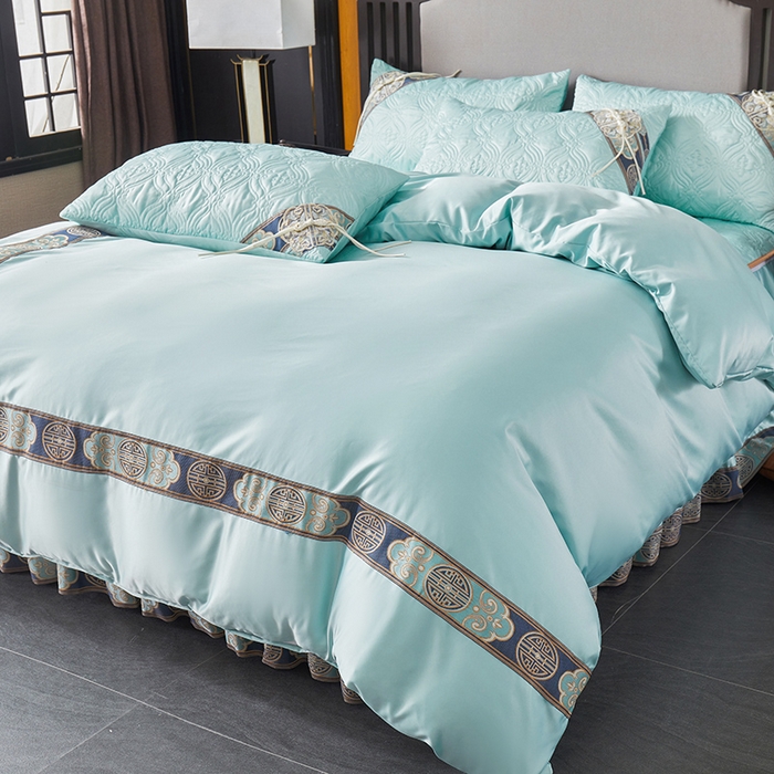 91家纺网 家纺一手货源 找家纺 罗艺轩 2024新款贡缎夹棉中国风新中式系列床裙款四件套 中国风-薄荷色