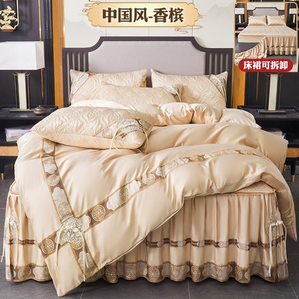 91家纺网 家纺一手货源 找家纺 罗艺轩 2024新款贡缎夹棉中国风新中式系列床裙款四件套 中国风-香槟