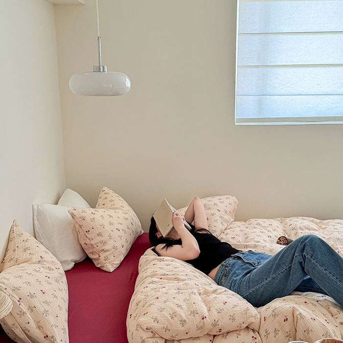 91家纺网 家纺一手货源 找家纺 2024新品专版印花双层皱皱纱四件套 浪漫樱桃