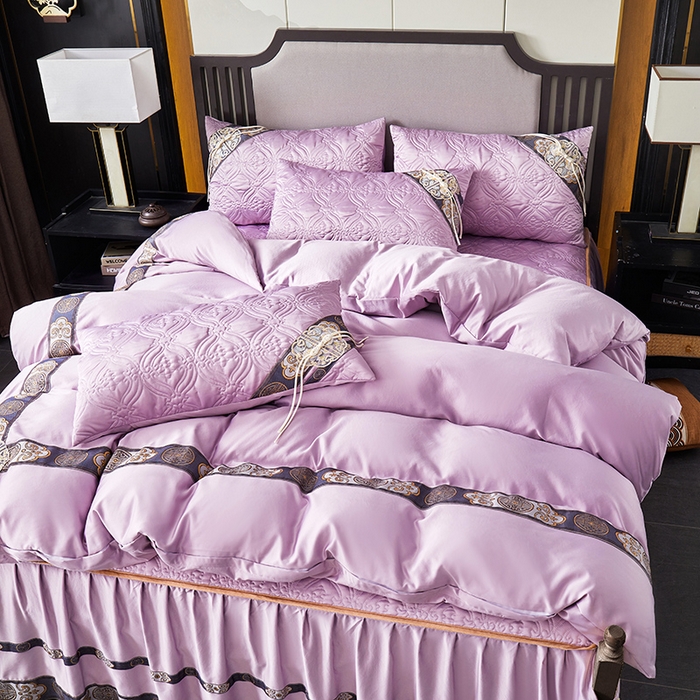 91家纺网 家纺一手货源 找家纺 罗艺轩 2024新款贡缎夹棉中国风新中式系列床裙款四件套 中国风-茉莉紫