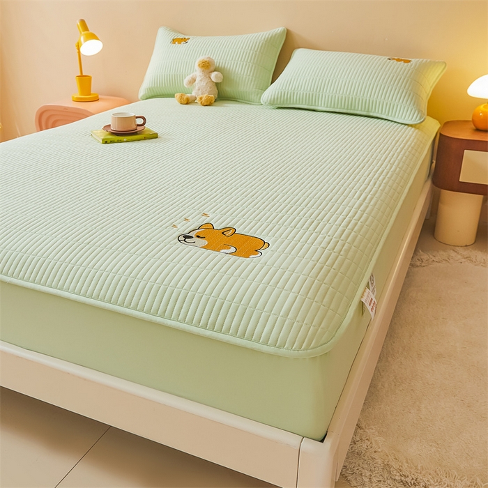 91家纺网 家纺一手货源 找家纺 2025新品高克重A类原棉夹棉床笠刺绣绣花柯基熊猫床笠三件套 床笠款-柯基-清雅绿