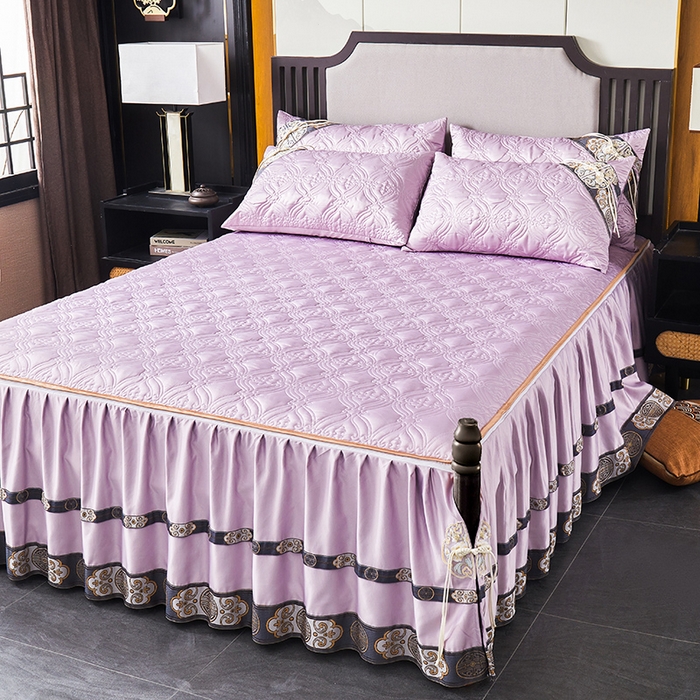 91家纺网 家纺一手货源 找家纺 罗艺轩 2024新款贡缎夹棉中国风新中式系列床裙三件套 中国风-茉莉紫