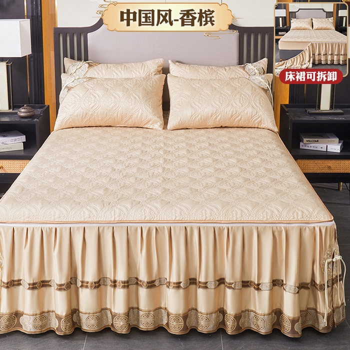 91家纺网 家纺一手货源 找家纺 罗艺轩 2024新款贡缎夹棉中国风新中式系列床裙三件套 中国风-香槟