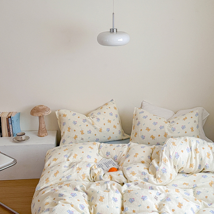 91家纺网 家纺一手货源 找家纺 2024新品专版印花双层皱皱纱四件套 萌宠