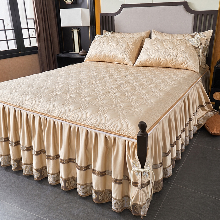 91家纺网 家纺一手货源 找家纺 罗艺轩 2024新款贡缎夹棉中国风新中式系列床裙三件套 中国风-香槟