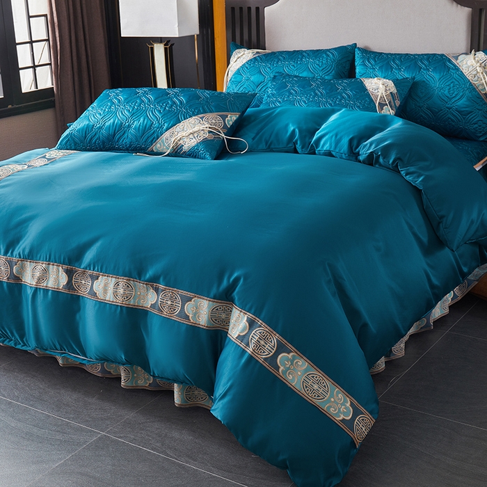 91家纺网 家纺一手货源 找家纺 罗艺轩 2024新款贡缎夹棉中国风新中式系列床裙款四件套 中国风-宝石蓝