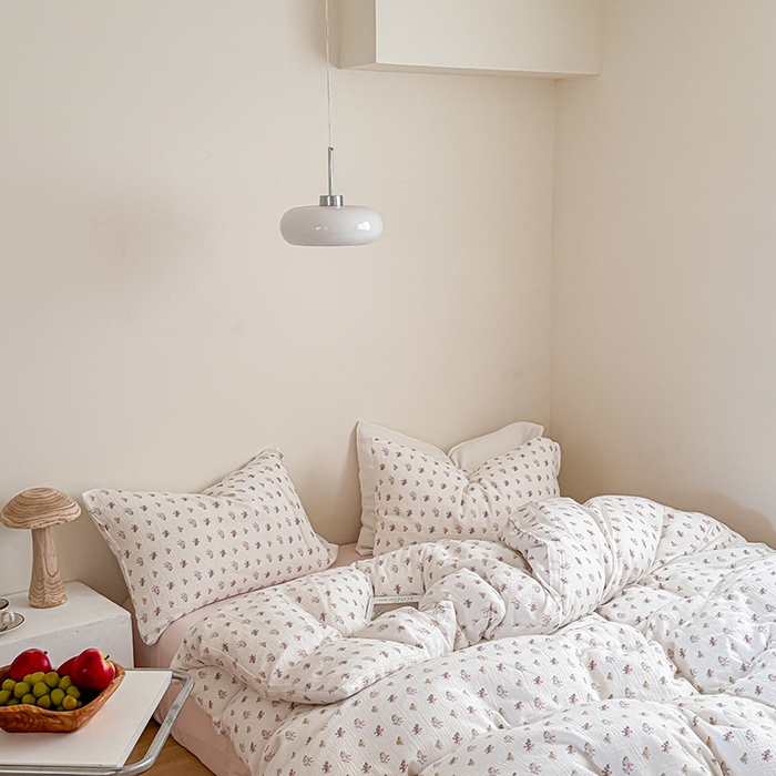 91家纺网 家纺一手货源 找家纺 2024新品专版印花双层皱皱纱四件套 半夏