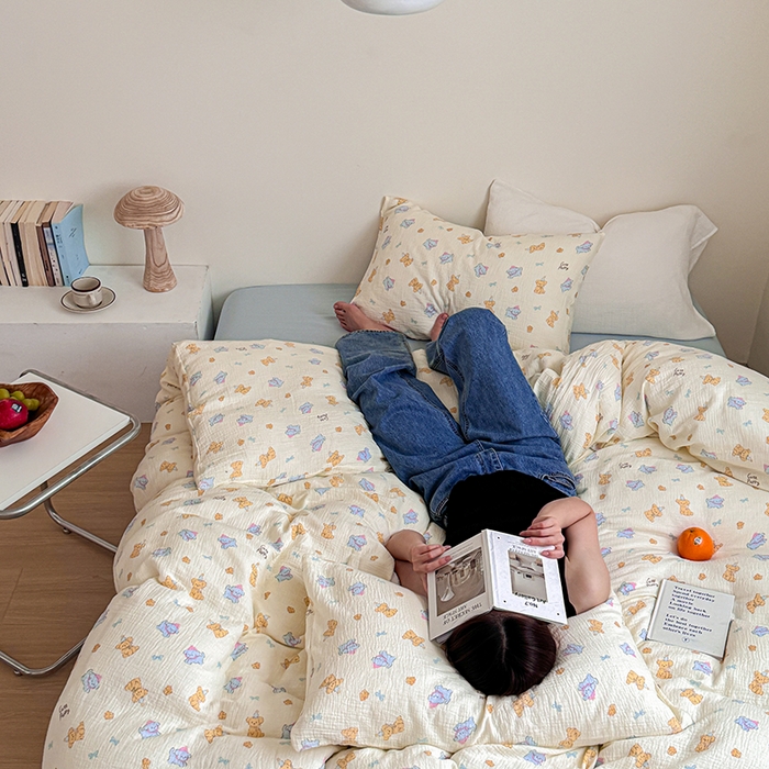 91家纺网 家纺一手货源 找家纺 2024新品专版印花双层皱皱纱四件套 萌宠