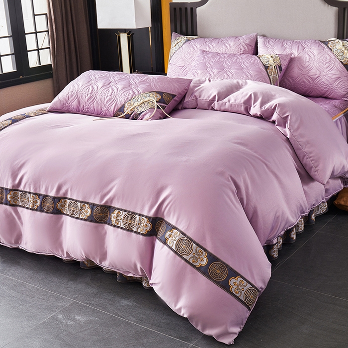 91家纺网 家纺一手货源 找家纺 罗艺轩 2024新款贡缎夹棉中国风新中式系列床裙款四件套 中国风-茉莉紫