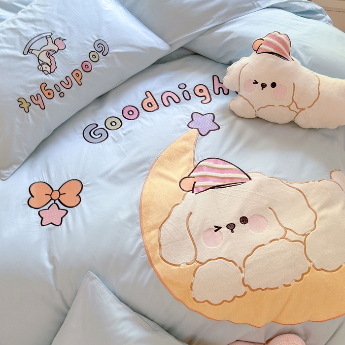 91家纺网 家纺一手货源 找家纺 （总）红番天家居馆 2025新款A类全棉水洗棉贴布绣四件套-月儿弯弯