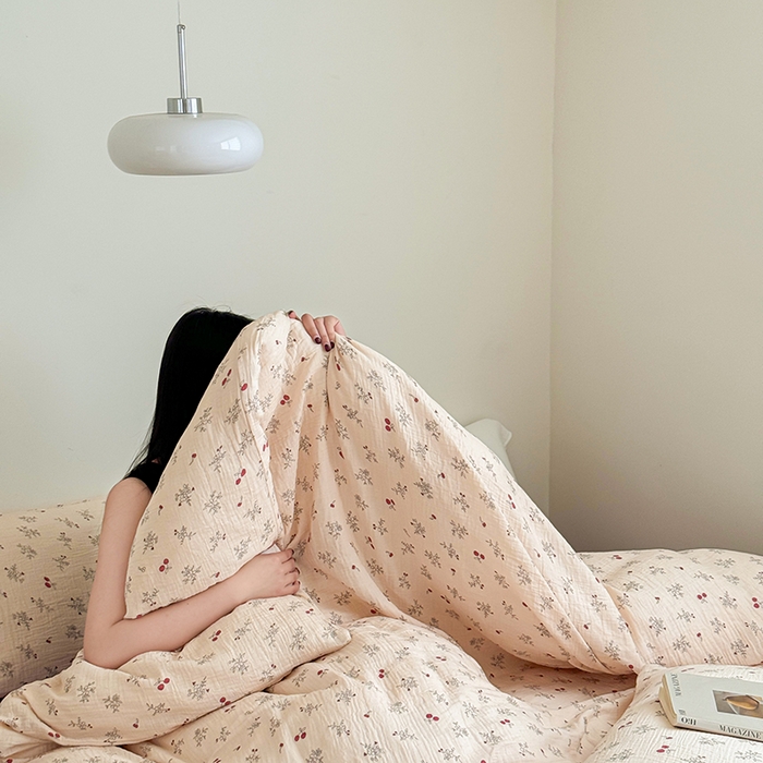 91家纺网 家纺一手货源 找家纺 2024新品专版印花双层皱皱纱四件套 浪漫樱桃