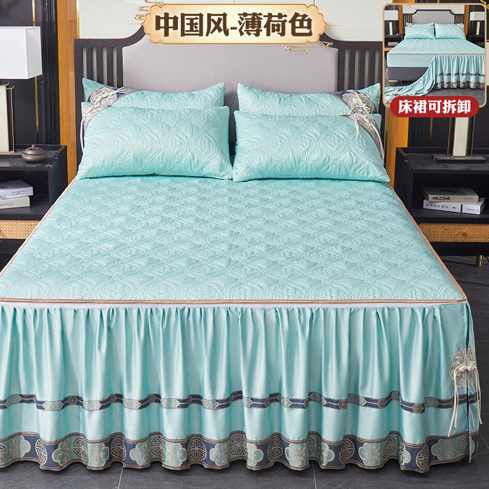 91家纺网 家纺一手货源 找家纺 罗艺轩 2024新款贡缎夹棉中国风新中式系列床裙三件套 中国风-薄荷色