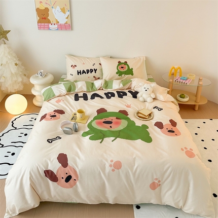 珺柔家纺 2024新款130*70 全棉大版数码印花四件套 开心小狗