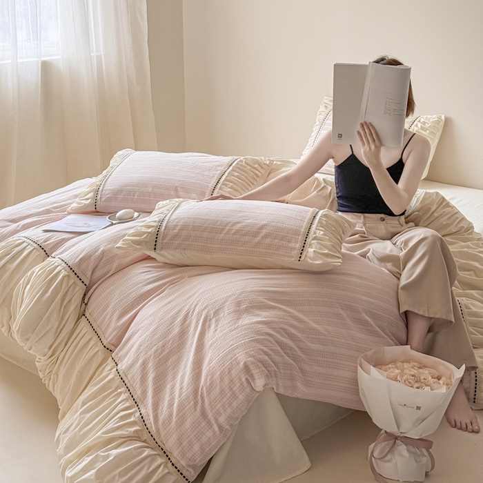 91家纺网 家纺一手货源 找家纺 2024新品小香风纯棉色织小提花四件套--花漾系列 花漾-粉