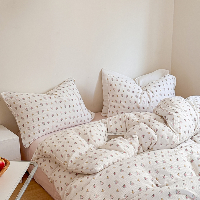 91家纺网 家纺一手货源 找家纺 2024新品专版印花双层皱皱纱四件套 半夏