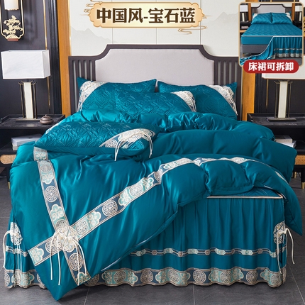 罗艺轩 2024新款贡缎夹棉中国风新中式系列床裙款四件套 中国风-宝石蓝