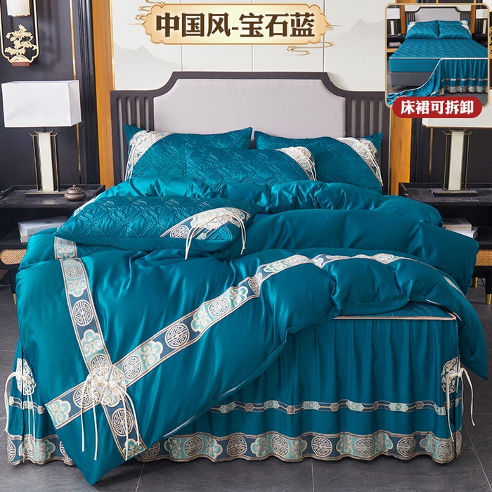 91家纺网 家纺一手货源 找家纺 罗艺轩 2024新款贡缎夹棉中国风新中式系列床裙款四件套 中国风-宝石蓝