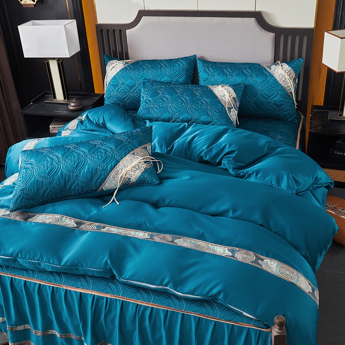 91家纺网 家纺一手货源 找家纺 罗艺轩 2024新款贡缎夹棉中国风新中式系列床裙款四件套 中国风-宝石蓝