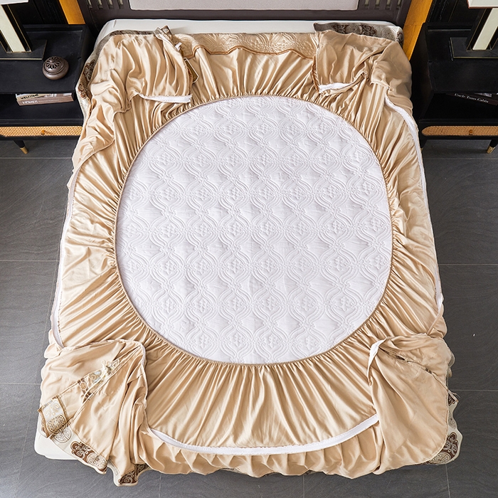 91家纺网 家纺一手货源 找家纺 罗艺轩 2024新款贡缎夹棉中国风新中式系列床裙三件套 中国风-香槟