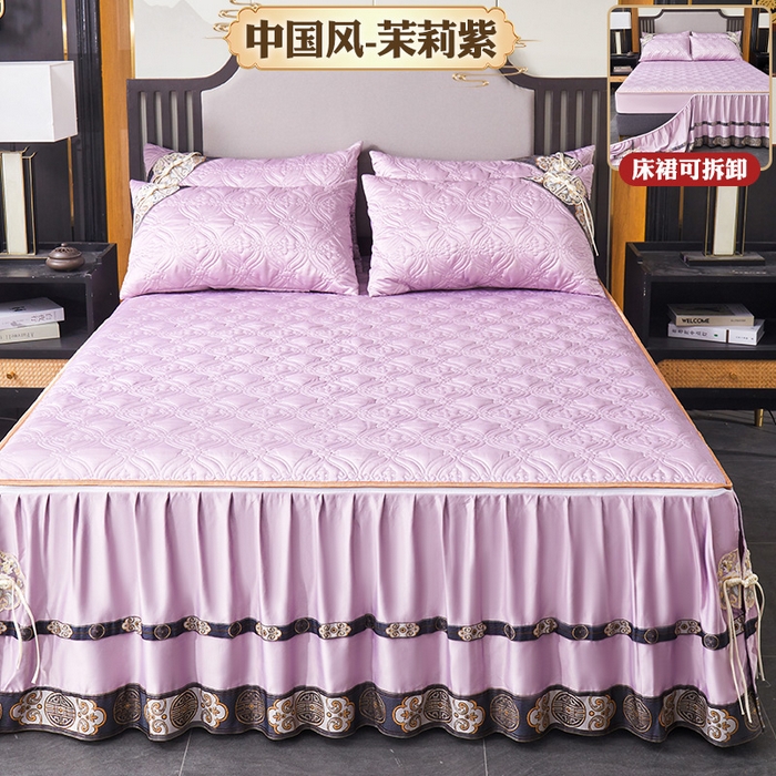 91家纺网 家纺一手货源 找家纺 罗艺轩 2024新款贡缎夹棉中国风新中式系列床裙三件套 中国风-茉莉紫
