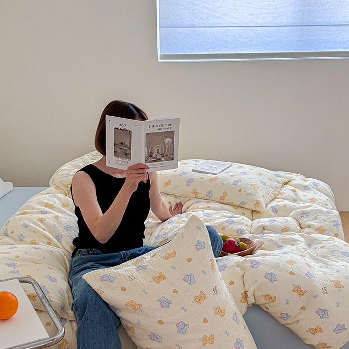 91家纺网 家纺一手货源 找家纺 2024新品专版印花双层皱皱纱四件套 萌宠