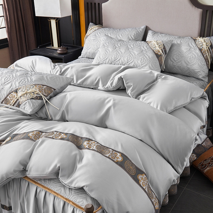 91家纺网 家纺一手货源 找家纺 罗艺轩 2024新款贡缎夹棉中国风新中式系列床裙款四件套 中国风-迷雾灰